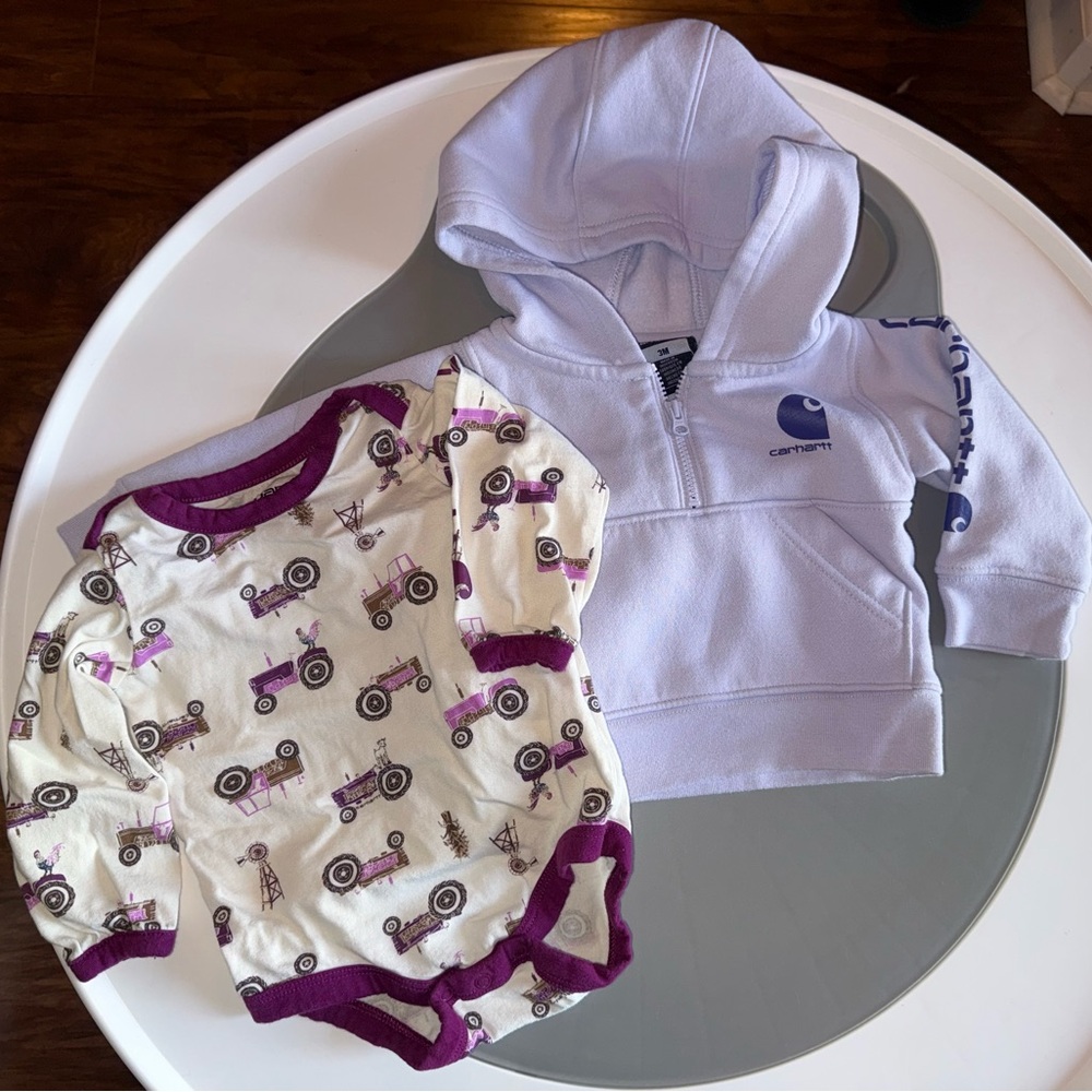 Carhartt Baby Purple Hoodie with Tractor Onesie, Chicken, Weathervane